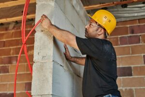 electrical worker pulling wire